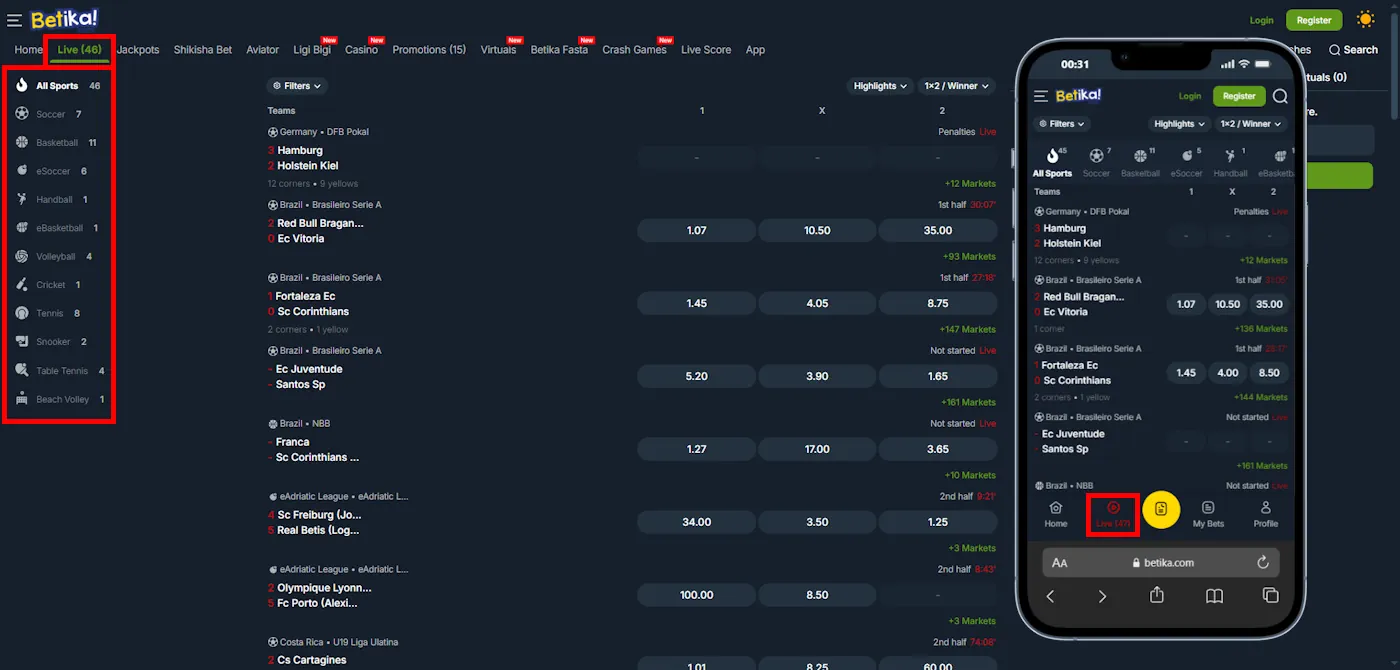Betika Kenya Live betting experience Screenshot